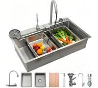 Lavello da cucina a cascata, 90 x 50 cm, in acciaio inox 304 spazzolato, con display digitale, lavello da cucina con cestello di scarico, lavello di scarico, tagliere, sifone, componente di scarico