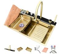 Lavello da Cucina a Cascata con Display LED Intelligente Lavello per Workstation in Acciaio Inossidabile Lavello Grande a Vasca Singola per Cucina con Accessori (Oro 80x46x23 cm)