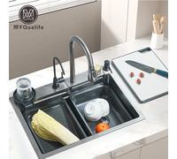 Lavello da cucina a cascata in acciaio inossidabile 304 Grande slot singolo integrato 60X45 cm Set di rubinetti Dispenser di sapone/Acqua pura/Rondella per tazze