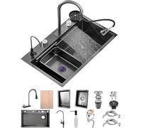 Lavello da Cucina A Cascata in Acciaio Inossidabile Combo con Rubinetto Estraibile Lavello A Vasca Singola con Montaggio in Piano Nano-Rivestito, Lavello da Lavoro con Acc, Black-Grey B, 80x50cm