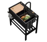 Lavello da cucina a cascata in acciaio inossidabile nero con una vasca, rubinetto, filtro di scarico, dispenser di sapone - Moderno lavello da giardino per esterni, commerciale