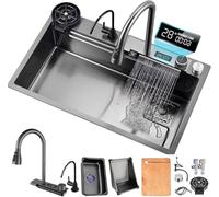 Lavello da Cucina A Cascata in Acciaio Inossidabile Nero Premium, Spaziosa Vasca Singola con Rubinetto Estraibile, Lavabicchieri, Cestello di Scarico E Kit di Drenaggio Nano RI, Black#a, 75x50cm