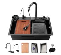 Lavello da cucina a cascata in acciaio inox 304 con display digitale, lavello da bar multiuso per camper con rubinetto e scarico, da incasso o sottotop, grigio canna di fucile, 80x46x22 cm