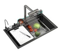 Lavello da cucina a cascata in acciaio inox 304, workstation farmhouse a vasca singola con display digitale, rubinetto estraibile e accessori(85x45CM)