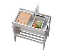 Lavello da cucina a cascata in acciaio inox bianco, vasca singola, con rubinetto, filtro di scarico, dispenser di sapone, tagliere - Lavello da giardino per esterni