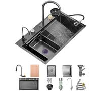 Lavello da cucina a cascata in acciaio inox con grande vasca, tagliere, sifone e troppopieno - 80 x 50 cm design moderno per una cucina e una pulizia efficienti