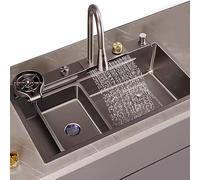 Lavello da cucina a cascata in acciaio inox grigio canna di fucile con rubinetto e accessori, grande vasca singola 68 x 45 cm, elegante rondella in vetro per un design moderno della casa