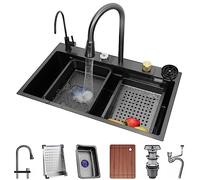 Lavello da cucina a cascata lavello a vasca singola in acciaio inox con rubinetto estraibile, rondella della tazza booster tagliere e altri accessori (colore: A, dimensioni: 75 x 45 x 22 cm)