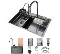 Lavello Da Cucina A Cascata Lavello Da Cucina In Acciaio Inox Da Montare Sull'alto Lavello Nano A Una Vasca Lavello Multifunzione Per Postazione Di Lavoro Con Rubinetto Estraibile, 2 Cestelli Di Scari