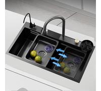 Lavello da cucina a cascata, lavello da lavoro con una vasca in acciaio inossidabile 304 nero, con rubinetto estraibile, con rondella for tazze, installazione a incasso o sottotop(60 * 45cm)