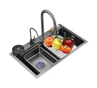 Lavello da cucina a cascata, lavello in acciaio inox a una vasca con rubinetto estraibile per acqua calda e fredda, manopola di controllo, lavello per postazione di lavoro, cestello di scarico