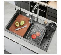 Lavello Da Cucina A Cascata Singolo In Acciaio Inossidabile Nano, Vasca Profonda Fatto A Mano, Accessori Inclusi Per Bar Cucina Lavanderia, Design Moderno Multifunzionale(Black-A,70X50CM)
