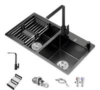 Lavello da cucina a doppia vasca, in acciaio inox, con cestello di scarico e valvola angolare, design moderno, 75 x 40 cm, colore: nero