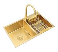 Lavello da cucina a doppia vasca in acciaio inox con grande curva e scarico - sopra/sottopiano 75 x 40 x 22 cm, design moderno per lavastoviglie, finitura oro