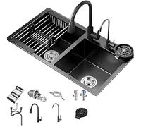 Lavello da cucina a doppia vasca in acciaio inox nero con valvola angolare e cestello di scarico e accessori (81 x 43 cm) perfetto per uso domestico e commerciale