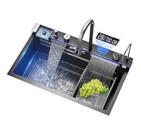 Lavello Da Cucina A Due Cascate Lavello Multicolore In Acciaio Inossidabile Con Rubinetto Integrato Lavello Da Cucina Con Display Della Temperatura A LED (Color : A, S : 75 * 46CM)