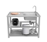 Lavello da cucina a una vasca indipendente, lavello da cucina professionale a una vasca con banco da lavoro, doppi ripiani e foro per i coltelli, per lavanderia(Cold faucet)