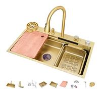 Lavello da Cucina A Vasca 304 Lavello da Cucina in Acciaio Inossidabile Singolo Lavandino A Cascata Bar Multifunzione Fatto A Mano con Rubinetto Estraibile E Componenti di Drenaggio (Color : Gold-b,