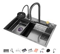 Lavello da Cucina A Vasca 304 Lavello da Cucina in Acciaio Inossidabile Singolo Lavandino A Cascata Bar Multifunzione Fatto A Mano con Rubinetto Estraibile E Componenti di Drenaggio (Color : Black-c