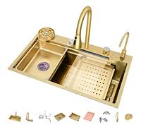 Lavello da Cucina A Vasca 304 Lavello da Cucina in Acciaio Inossidabile Singolo Lavandino A Cascata Bar Multifunzione Fatto A Mano con Rubinetto Estraibile E Componenti di Drenaggio (Color : Gold-c,