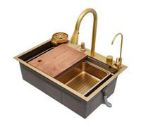 Lavello da cucina a vasca singola da 67,8 x 46 cm, in acciaio inox, con rubinetto estraibile e accessori, stazione di lavoro a cascata, con dispenser di sapone e rondella per tazze