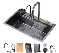 Lavello da cucina a vasca singola in acciaio inossidabile 304 RV con rubinetto estraibile multifunzionale e rondella per tazza di scarico montaggio superiore o inferiore (colore: nero, dimensioni 68 x