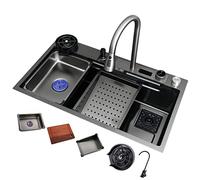 Lavello da cucina a vasca singola in acciaio inossidabile con rubinetto estraibile a incasso/installazione sottotop include tagliere e rondella per tazza nero-grigio 680 x 460 mm