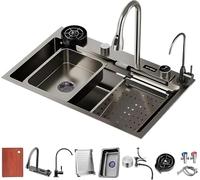 Lavello da Cucina A Vasca Singola, Lavello da Cucina A Cascata Raindance, Scarico A Manopola, Risciacquo in Vetro, Display A LED della Temperatura, con Filtro di Scarico E Accessori, 75x46x22cm