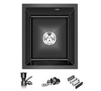 Lavello da cucina a vasca singola stretta in acciaio inox, 38 x 30 cm, piccolo spazio per camper, bar, bagno, uso domestico, con cestello di scarico da installare sopra il bancone (nero, 35 x 25 x 22