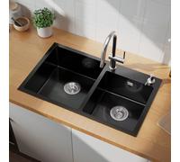 Lavello da cucina Auralum max 75x45 cm con 2 vasche in acciaio inox, lavello da incasso con dispenser sapone da 300 ml, piletta e sifone 1, la dimensione complessiva del prodotto è 75*45*19 cm.Le dime