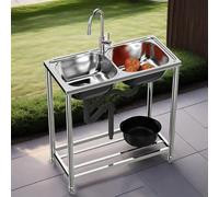 Lavello da Cucina Autoportante 78x43x82cm Lavatoio da Giardino Campeggio Lavello in Acciaio Inox 2 Vasca,Lavello per Ristorante con rubinetto caldo e freddo,Lavandino a Mano Mobile