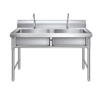 Lavello da Cucina Autoportante a Doppia Vasca in Acciaio Inox, Lavandino Professionale con 2 Rubinetti per Garage, Ristorante, Cucina, Lavanderia, Esterni(120x50x80cm(47.2x20x31.5in))