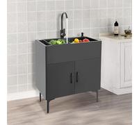Lavello da cucina autoportante con base e rubinetto, in acciaio inox con 1 vasca, scolapiatti e scarico, per cucina, giardino, esterno, officina, lavanderia, campeggio (nero)