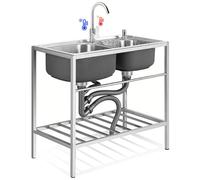 Lavello da cucina autoportante in acciaio inox, lavello a 2 scomparti in acciaio inox con rubinetto caldo e freddo, per esterni e interni, 82 x 45 x 85 cm