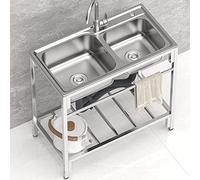 Lavello da cucina commerciale a 2 scomparti, in acciaio inox, lavabo, con tubo dell'acqua calda fredda, rubinetto sottopiano per esterni, garage, lavanderia, ripostiglio, 80 cm