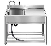 Lavello da cucina commerciale autoportante in acciaio inox a vasca singola, lavello da esterno con tubo dell'acqua fredda per lavaggio a mano, lavabo con banco da lavoro e ripiani portaoggetti, 100 cm