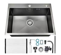 Lavello da cucina compatto in acciaio inox con scolapiatti e foro per rubinetto/sottopiano per pub camper cantina - nero 60 x 45 x 22 cm