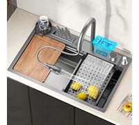 Lavello da cucina con display digitale Nano Raindance Waterfall, grande, con fessura singola, in acciaio inossidabile spesso, con rubinetto e portacoltelli