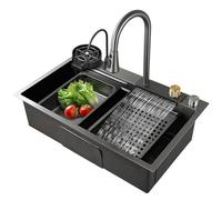 Lavello da cucina con rubinetto a cascata in acciaio inox nero, grande lavello a vasca singola con rondella a tazza e tutti gli altri accessori (85 x 45 x 22 cm)