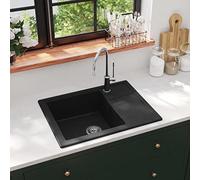 Lavello da cucina con troppopieno, ovale, nero, in granito, 580 x 440 x 164 mm, lavello da incasso con scolapiatti e cestello, resistente al calore, resistente ai graffi, per cucina e lavanderia