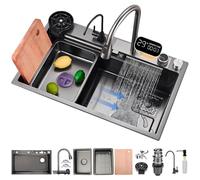 Lavello da cucina da 85 x 50 cm, con rubinetto a cascata, in acciaio inossidabile 304, lavello da cucina a vasca singola, sciacquatrice, dispenser di sapone, cestello di scarico e kit di installazione