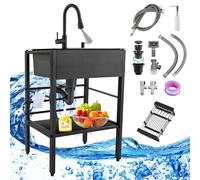 Lavello da cucina da esterno con scolapiatti 75 x 45 x 86 cm, rubinetto estensibile e set di scarico, ideale per garage, ristorante, giardino e lavanderia