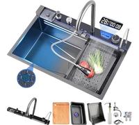 Lavello da cucina Deluxe Smart a cascata, lavello da cucina multifunzione in acciaio inox, con accessori per lavello, adatto per cucine, bar, appartamenti (grigio scuro, 75 x 45 cm)