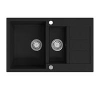 Lavello da cucina doppio vassoio in granito nero reversibile | Granito resistente al calore graffi, foro preforato rubinetto, coperchio in acciaio inox, filtro cestello, design reversibile
