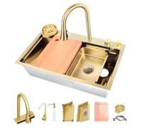 Lavello da cucina dorato 80 cm, lavello da cucina in acciaio inox, con rubinetto estraibile regolabile, set completo da incasso, lavello a cascata multifunzione