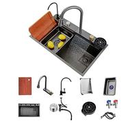 Lavello da cucina grigio canna di fucile - Lavatrice pressurizzata tazza estraibile rubinetto tagliere e accessori - Lavello singolo con cascata pioggia (80 x 46 cm)