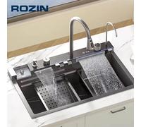 Lavello da cucina in acciaio inossidabile 304 con rubinetto a cascata con display digitale, lavello balena a fessura singola grande multifunzionale 75 * 45 cm