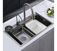 Lavello da cucina in acciaio inossidabile 304, lavello da cucina a cascata con rubinetto e scarico, montaggio sotto, rondella multifunzione per tazze, grigio canna di fucile, 80 x 45 x 22 cm