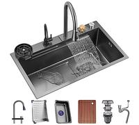 Lavello da cucina in acciaio inossidabile 304 per lavello a vasca singola con rubinetto estraibile a cascata e set di accessori completo a doppio montaggio (dimensioni: 80 x 45 x 22 cm)