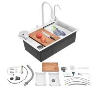 Lavello da cucina in acciaio inossidabile, 68 x 46 cm, 1 vasca, lavello da bar multifunzionale con rubinetto estensibile, lavapiatti per tazze e set completo di accessori (bianco, 68 x 46 x 22 cm)